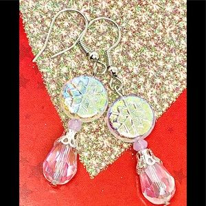 Christmas AB Czech Glass Iridescent Snowflake Coin & Crystal Teardrop Earrings